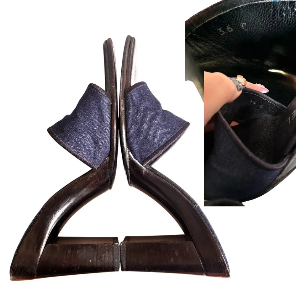 90'S Y2K VTG. AUTHENTIC‎ CHANEL DENIM CC LOGO SLIDES MULES SANDALS SZ. 6 EUC